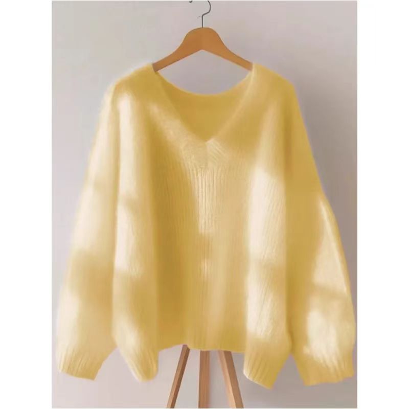 新款蓝色V领长袖毛衣女氛围感软糯洋气针织衫羊绒上衣