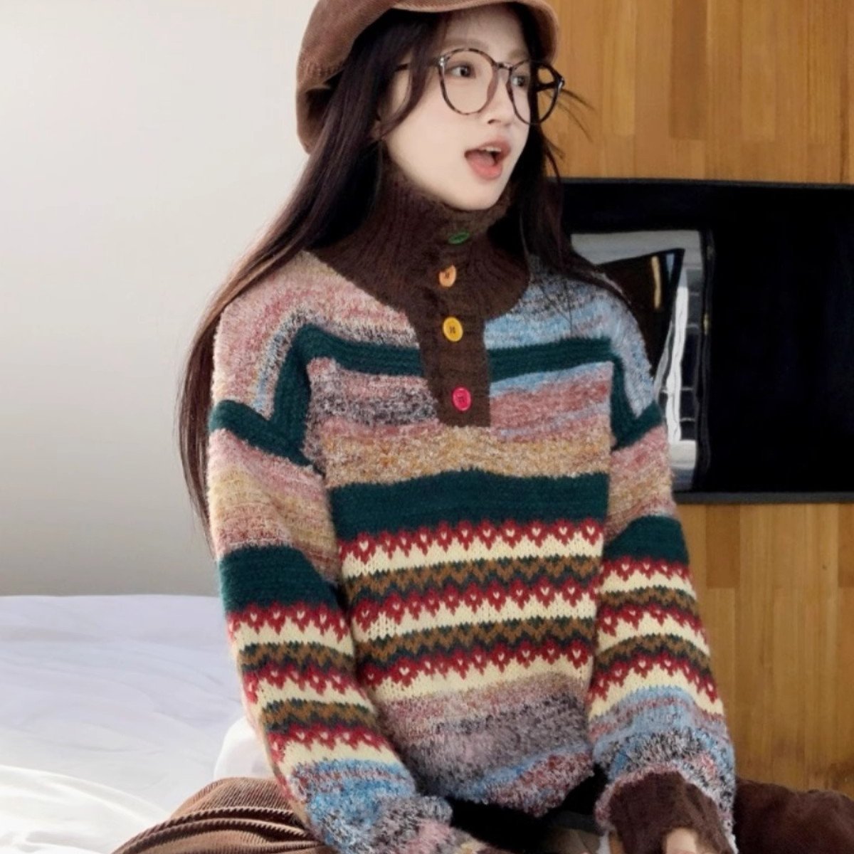 复古高领毛衣慵懒高级感冬季大码女装胖mm显瘦独特漂亮上衣针织衫