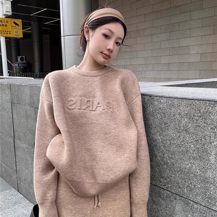 韩系慵懒气质套装裙女2025秋季新款字母印花毛衣高腰半身裙两件套