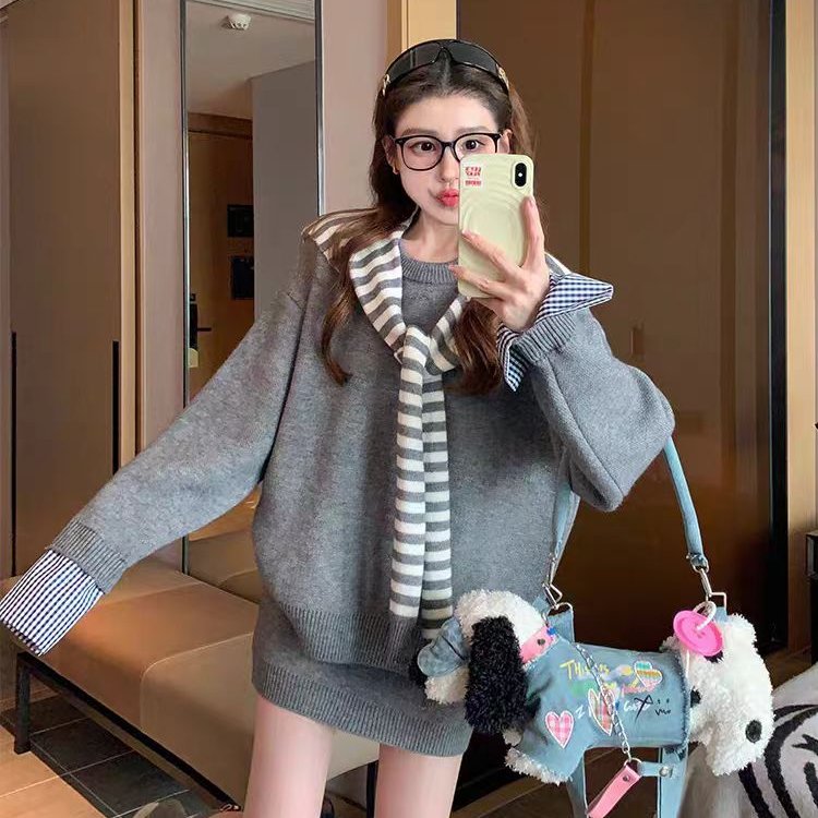 披肩毛衣套装女2025新款秋冬高级感韩系慵懒复古针织短裙三件套潮