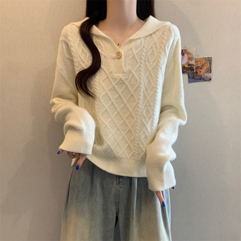 实拍大翻领复古日系套头毛衣女2025秋冬新款韩版软糥长袖针织上衣