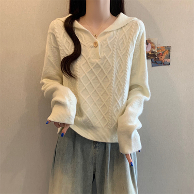 实拍大翻领复古日系套头毛衣女2025秋冬新款韩版软糥长袖针织上衣