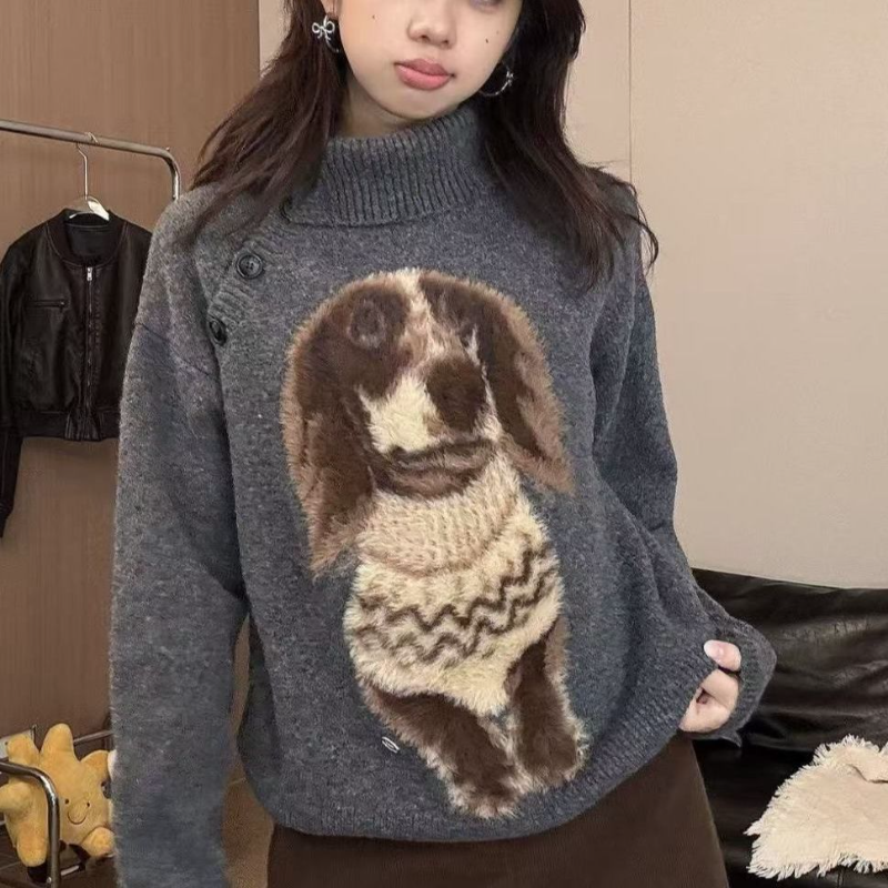 复古小狗提花针织衫女秋季宽松慵懒毛衣新款休闲高领长袖上衣