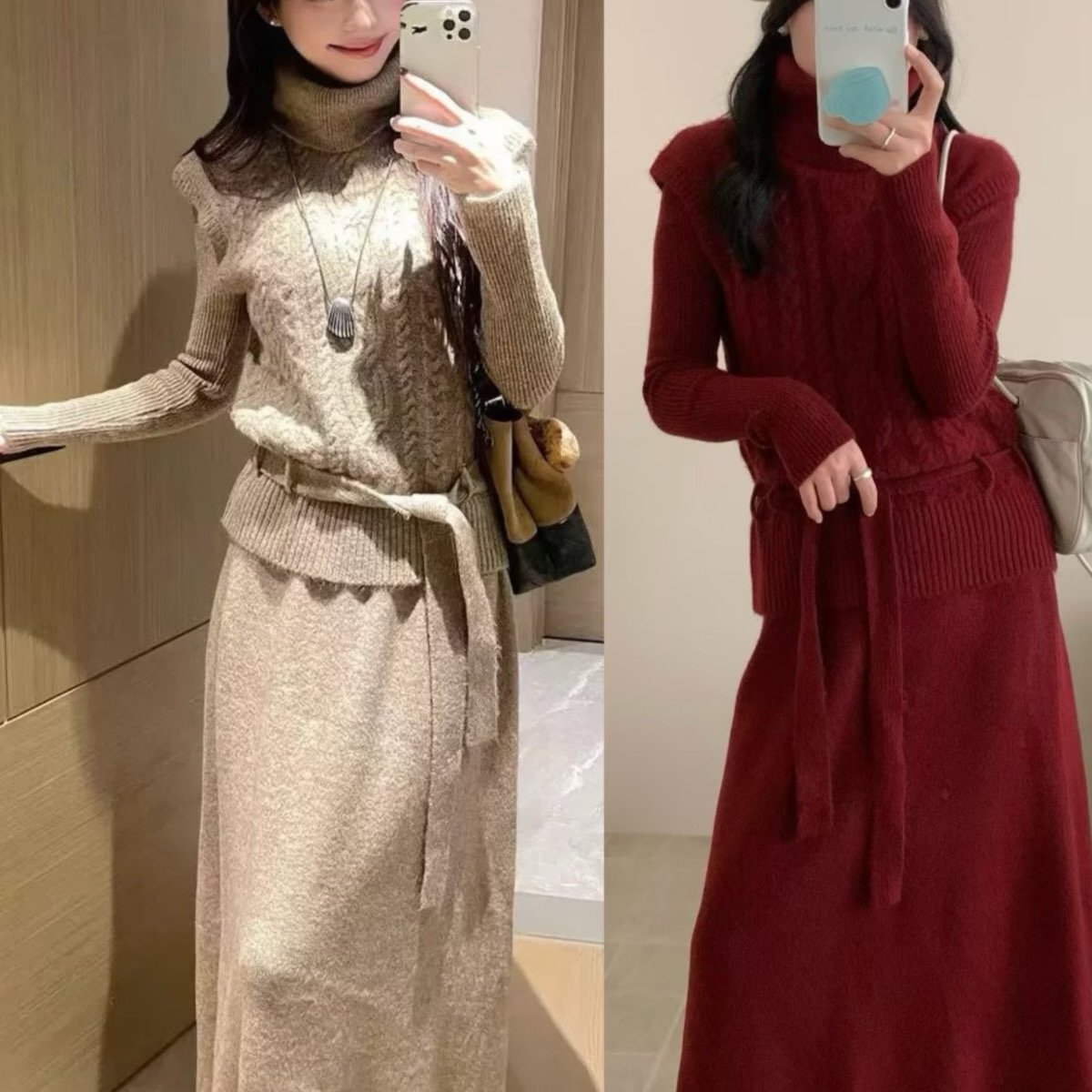 高领针织毛衣连衣裙子女秋冬季2025新款韩系穿搭三件套装包臀长裙