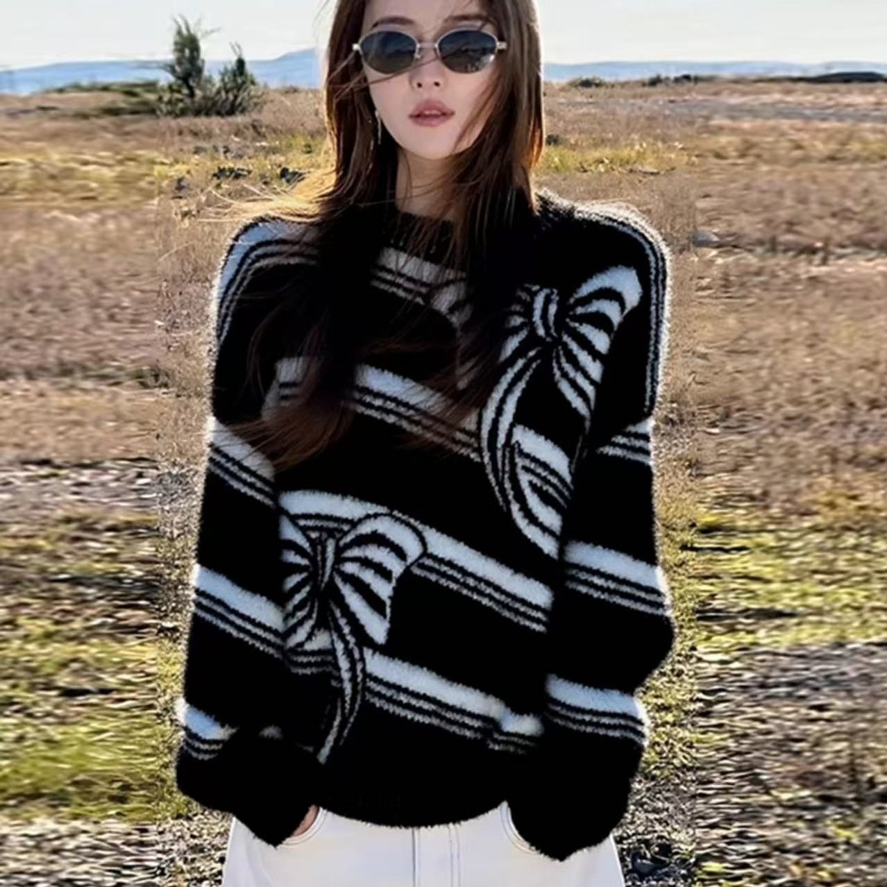 2025秋季新款针织衫奶fufu软糯慵懒风上衣高级感气质黑白撞色毛衣