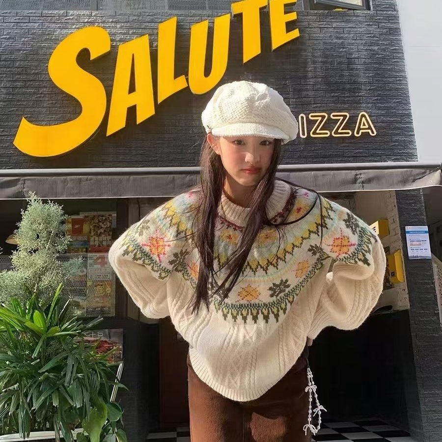 费尔岛毛衣秋冬女慵懒高级感民族风重工提花圆领套头针织衫