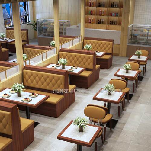 工业风复古烧烤火锅饭店西早茶餐厅卡座沙发餐桌子椅实木边大理石
