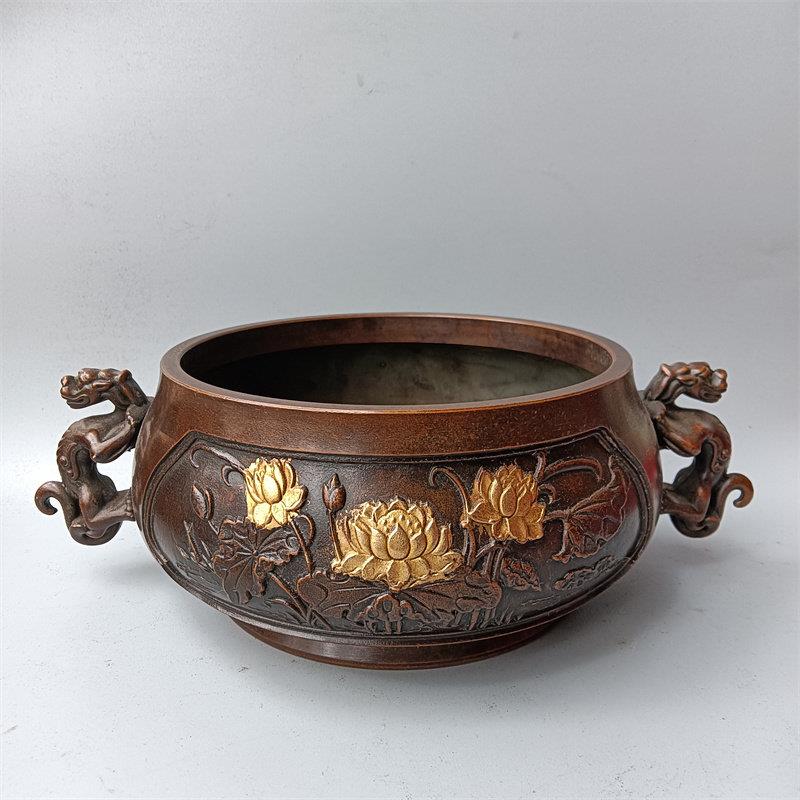仿古纯铜大号鎏金双龙耳莲花香炉家用室内盘香檀香炉复古老铜炉