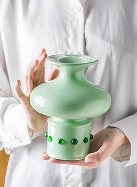 晚b|玉壶春瓶陶瓷花瓶移动礼品新中国风艺术青瓷原镶嵌玉石入口摆