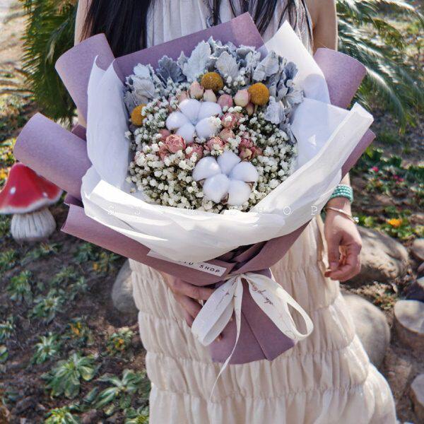 玫瑰花粉泡泡棉花干花束礼盒情人节生日礼物教师节母亲节毕业拍照