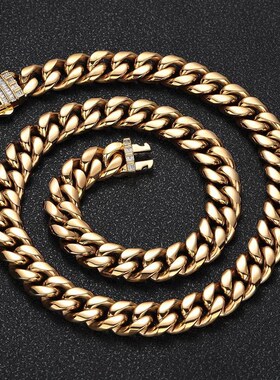 欧美新品闪电锆石弹簧扣不锈钢古巴项链跨境嘻哈钛钢饰品男士项链