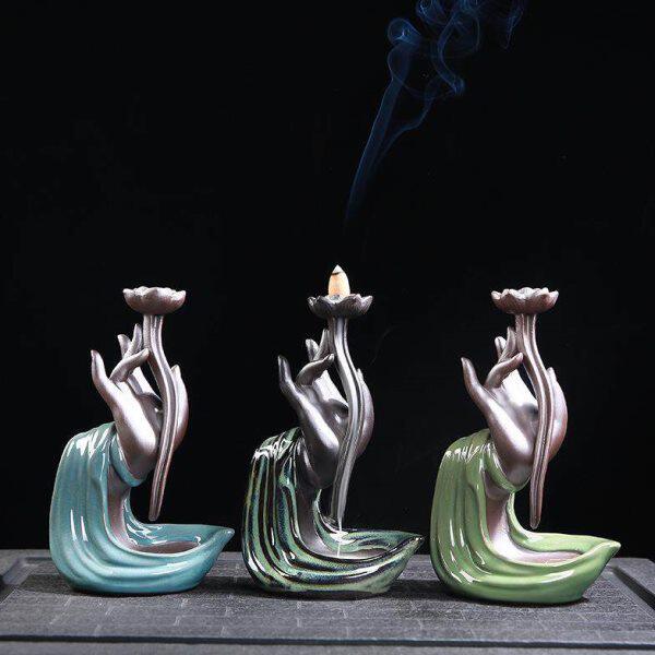 摆件倒流香炉禅意佛手创意紫砂家用香薰炉室内中式家居大号陶瓷插