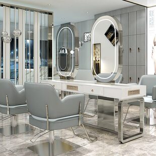 柜子美发店镜台网红双面桌染一体镜店理发发烫带灯镜子剪发廊专用