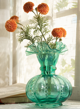 玻璃花瓶中古芬顿琉璃绿色创w意室内桌面水养插花客厅装饰花器摆