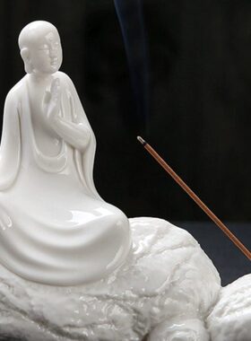 瓷语堂白瓷禅意境空间装饰摆件新中式茶道茶室家居香插坐岩小沙弥