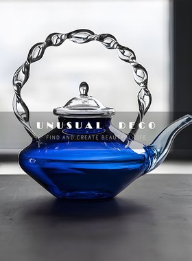 现代简约日式蓝色玻璃p扭纹茶壶茶具客厅餐厅样板房间售楼处摆件