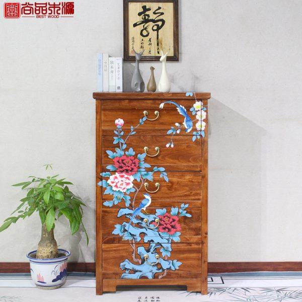 新中式五斗橱现代客厅抽屉式实木彩绘收纳储物柜香樟木卧室五斗柜