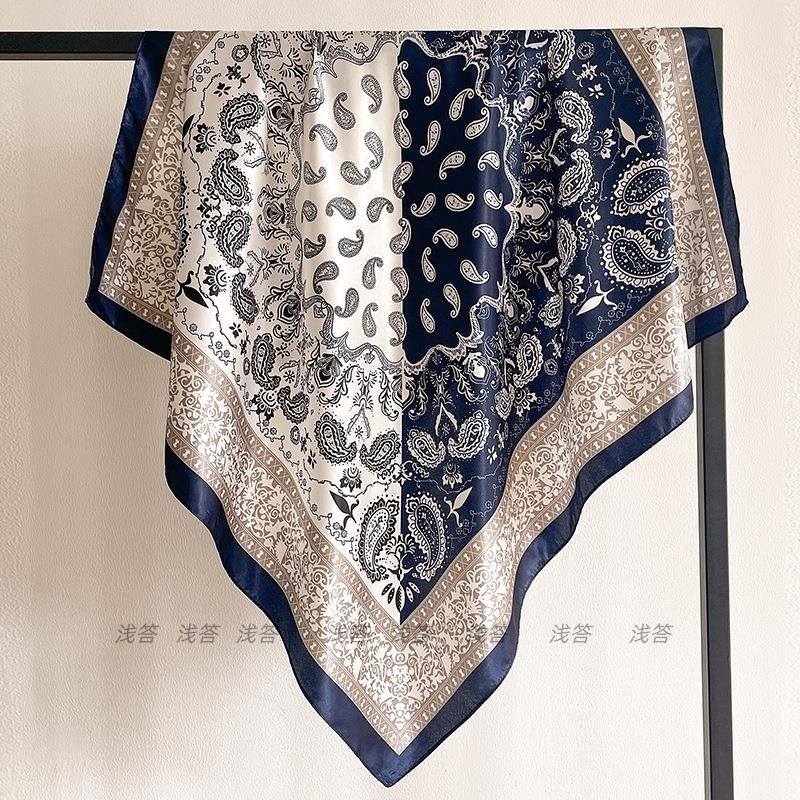 方巾90x90cm拼色腰果女大丝巾旅游防晒披肩围巾覆古薄款头巾配饰