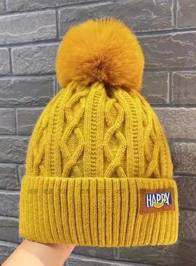 2025新款毛毛帽子女款秋冬季针织帽黄色毛线帽加绒保暖毛球套头帽