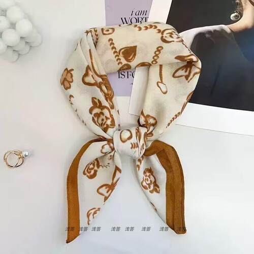 复古蝴蝶结印花丝绒小方巾女百搭