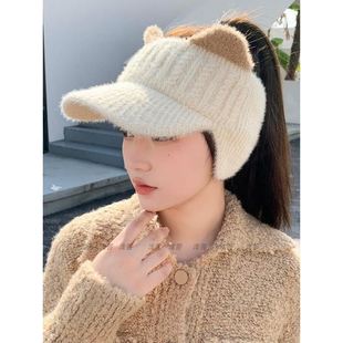 毛绒帽子女款冬季2025新款运动跑步空顶冬天棒球鸭舌帽护耳毛线帽