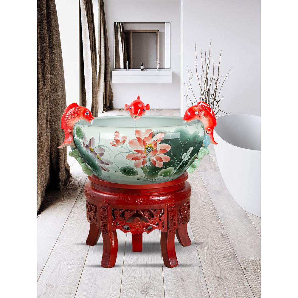 景德镇陶瓷荷花缸金鱼缸乌龟缸流水鱼池家居造景喷泉景观装饰摆件