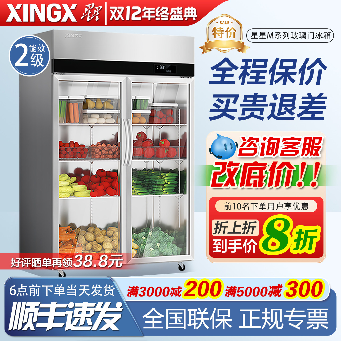 XINGX星星M系列双门玻璃门冰箱低能效商用展示柜三门大容量保鲜柜