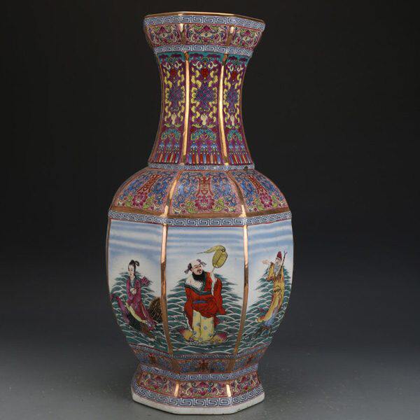 粉古董古玩六彩老物件仙收藏品彩大清花瓶绘瓷器摆件瓶乾隆八方