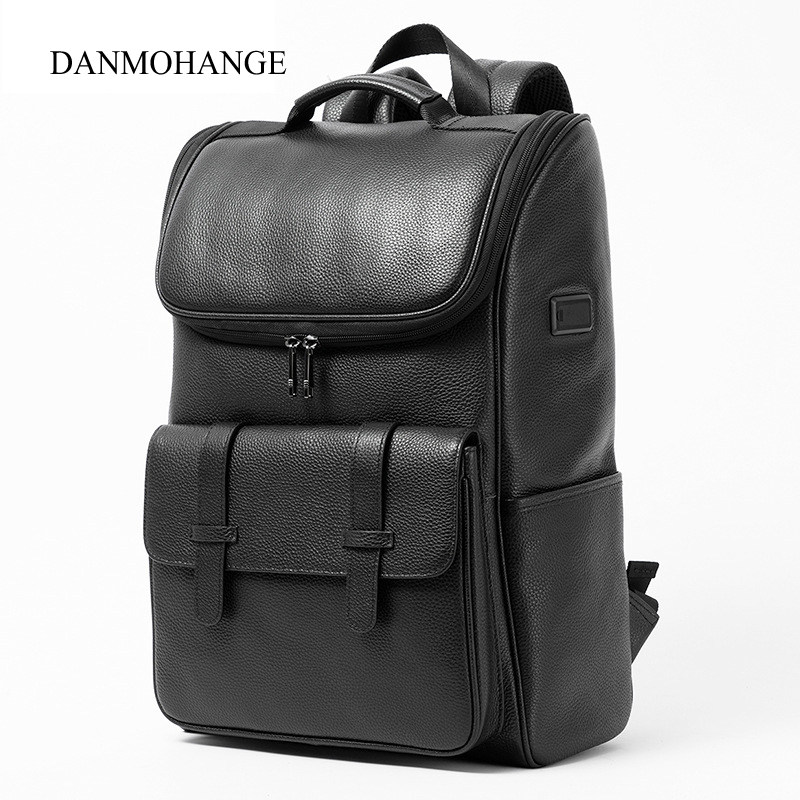 DANMOHANGE新款双肩包男士真皮通勤电脑背包时尚大容量休闲手提包