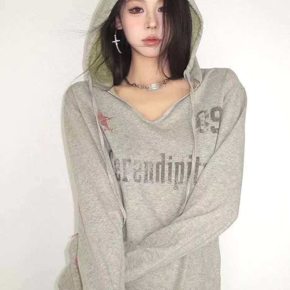 街头辣妹!!!【连帽罩衫】复古做旧印花长袖T恤女INS薄款防晒上衣t