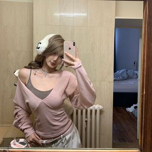 复古韩风chic秋冬2025新款vintage撞色吊带两件套打底衫上衣女潮