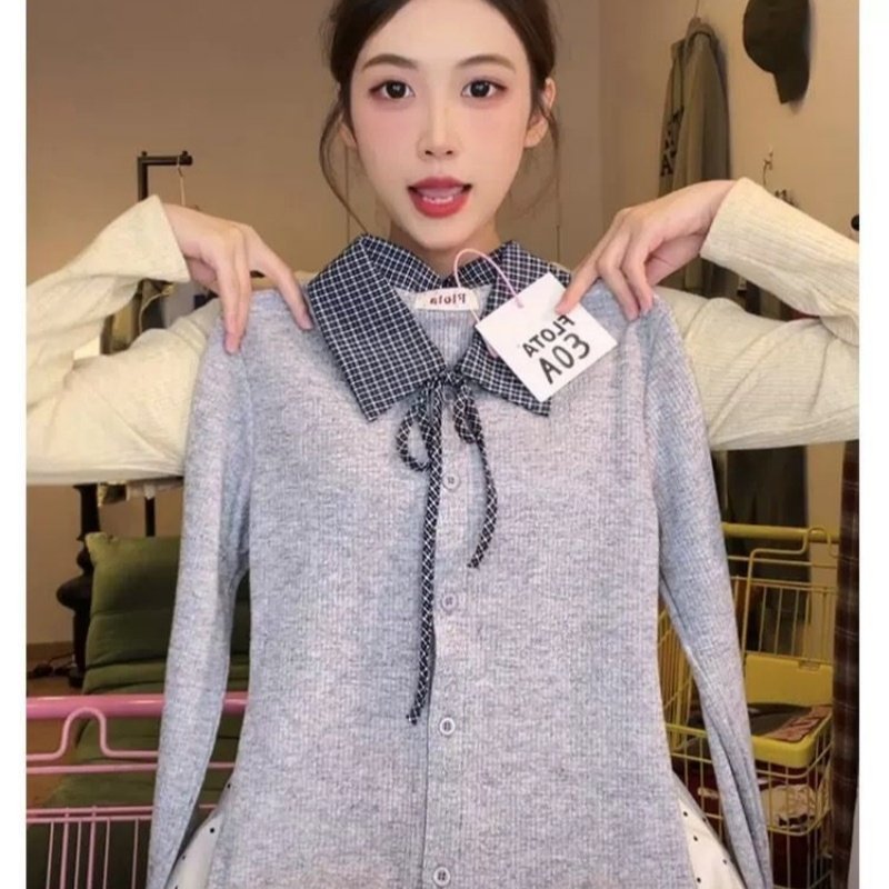 高级设计感格纹拼接polo领系带长袖女韩系立体纽扣针织衫外套上衣,女装/女士精品,大码内搭,淘宝优惠券,粉丝福利购,淘宝优惠卷