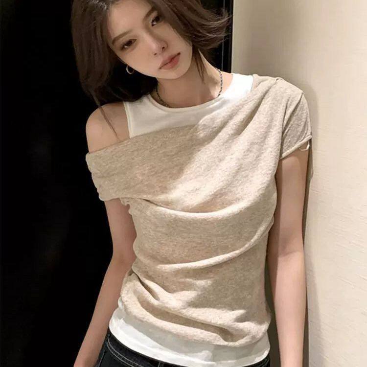 法式气质假两件拼接露肩上衣女设计感不对称夏季新款休闲慵懒T恤