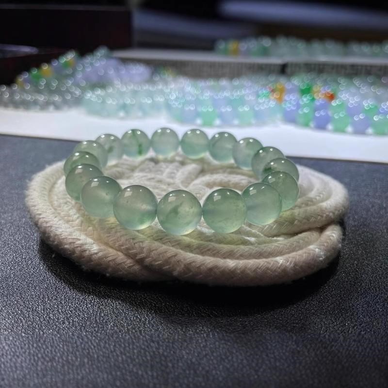 老坑飘花珠子高档冰种飘花水草手链女款圆珠子手串翡翠处理玉石