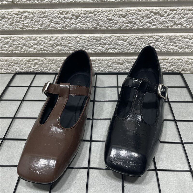 断码处理T型带学院复古温柔方头单鞋女百搭浅口平底玛丽珍鞋子女
