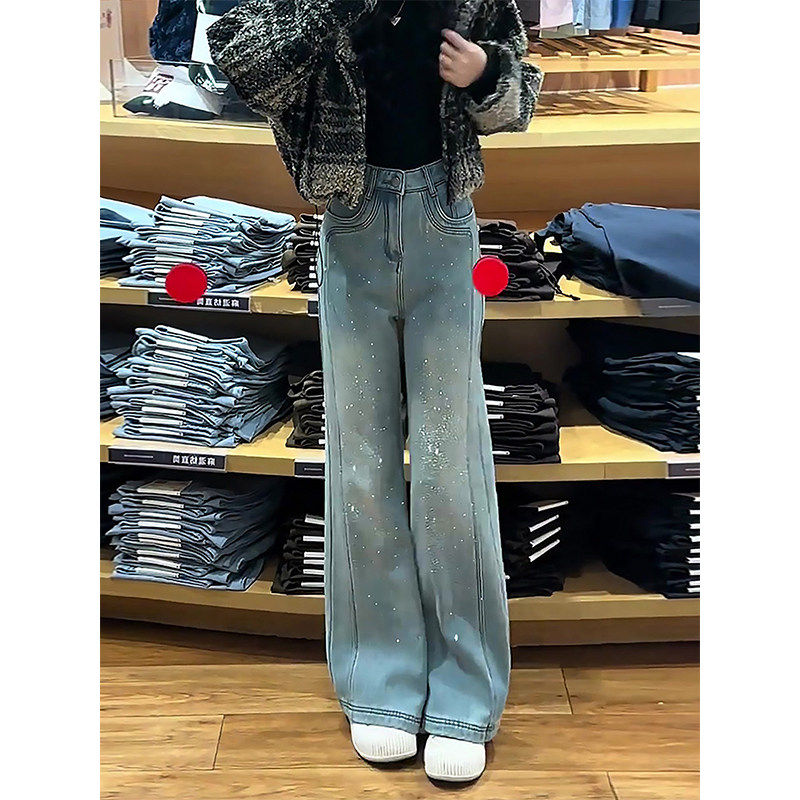 蓝色满天星烫钻微喇牛仔裤女2026春季新款小个子高腰垂感喇叭裤子