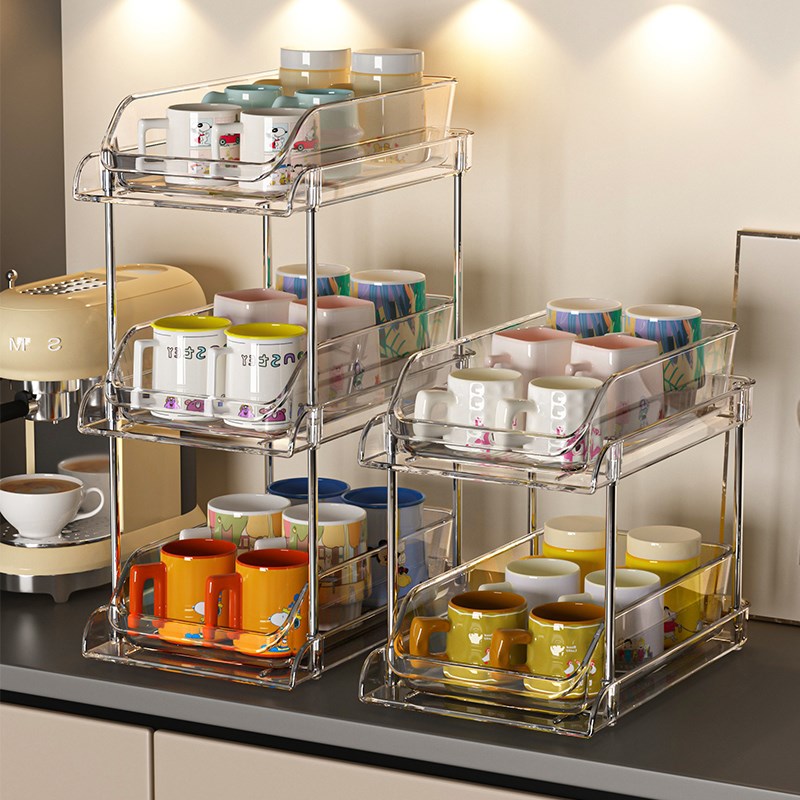 杯子收纳置物架餐边柜桌面抽拉式吧台放马克咖啡茶杯双层水杯架子