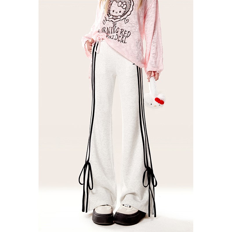 自然涩灰色条纹显瘦微喇裤女秋冬季休闲卫裤小个子加绒拖地长裤子