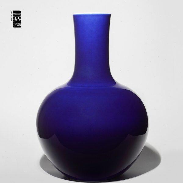 景德1004 手工花瓶大号书房案头瓶中式插花原矿釉 宝蓝天球瓶34cm