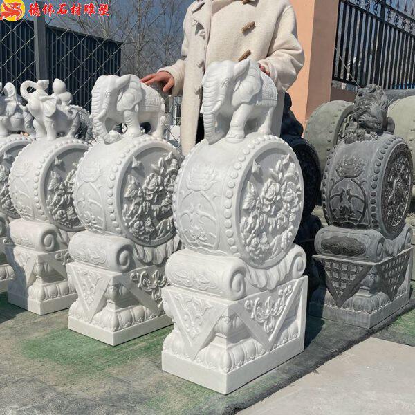 石雕汉白玉门墩一对大象抱鼓石晚霞红貔貅抱鼓庭院酒店大象摆件