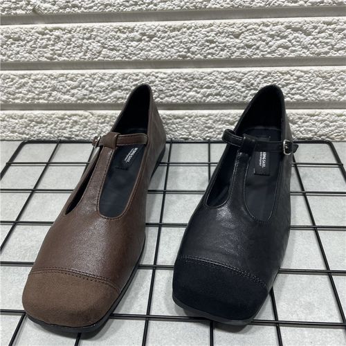 断码处理复古拼接方头单鞋女春秋新款法式晚晚风丁字扣玛丽珍鞋子