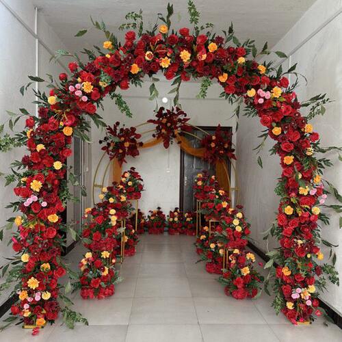 橘色布置装饰花背景场全花艺婚礼地排花红舞台新款婚庆路引花装饰