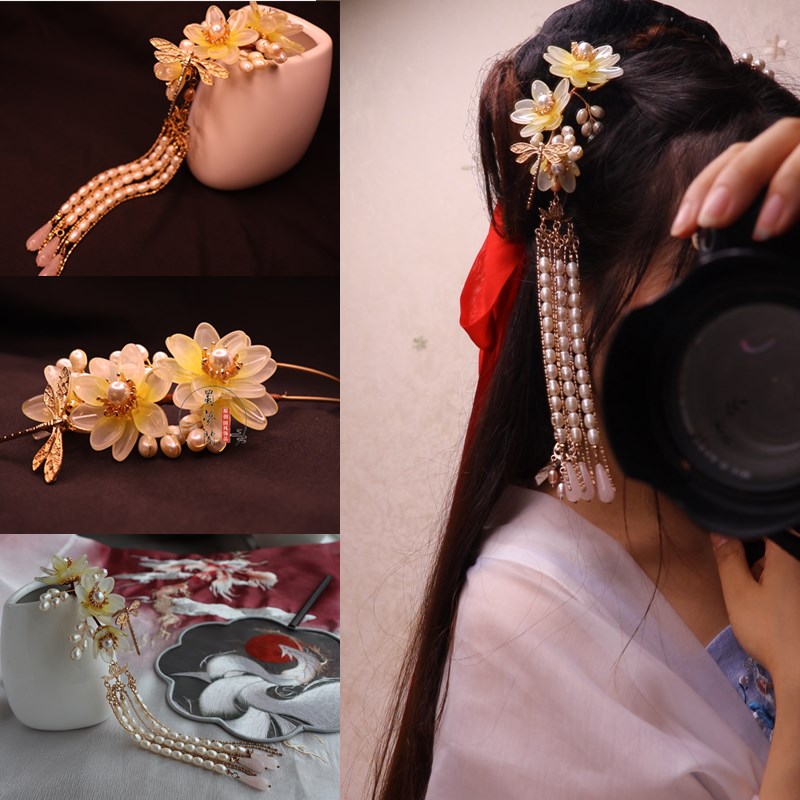 蜀梦阁原创捷克琉璃贝小雏菊唐宋明制百搭荷花Q发钗带珍珠长流苏