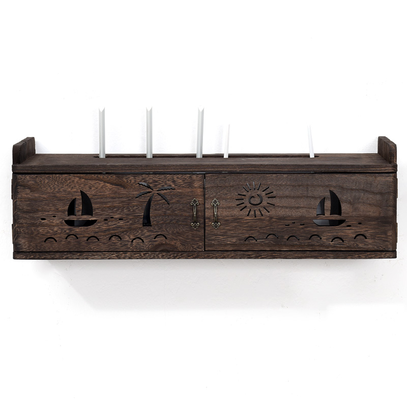 实木无线路由器电源双开门收纳盒箱wifi猫机顶盒置物架插座插线板