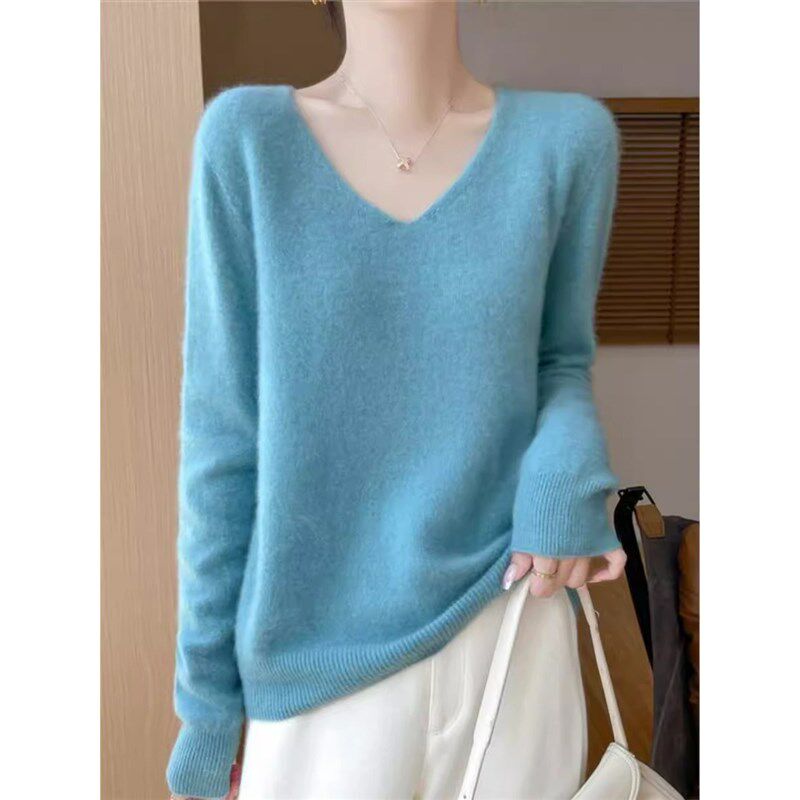 新款羊毛衫女套头V领毛衣宽松大码秋季一线成衣羊绒针织打底衫