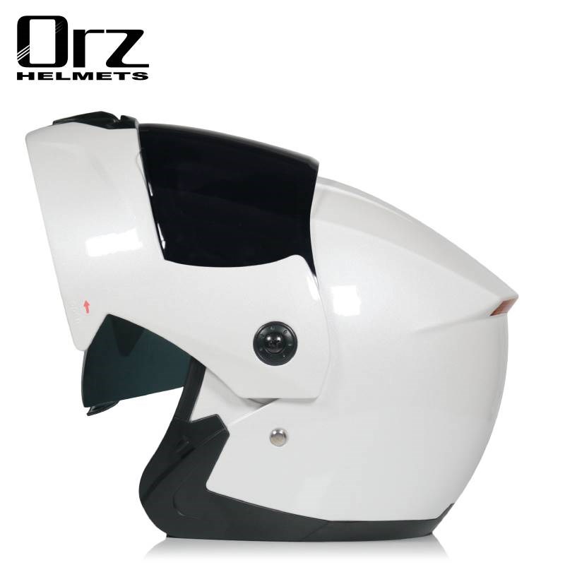 ORZ电动自行车头盔男女全盔双镜片情侣蓝牙尾翼白色揭面蝴蝶结辫