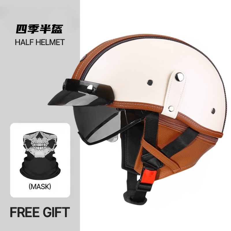 新国标巡航皮质摩托车复古头盔男女夏四季机车半盔电动车日式瓢盔