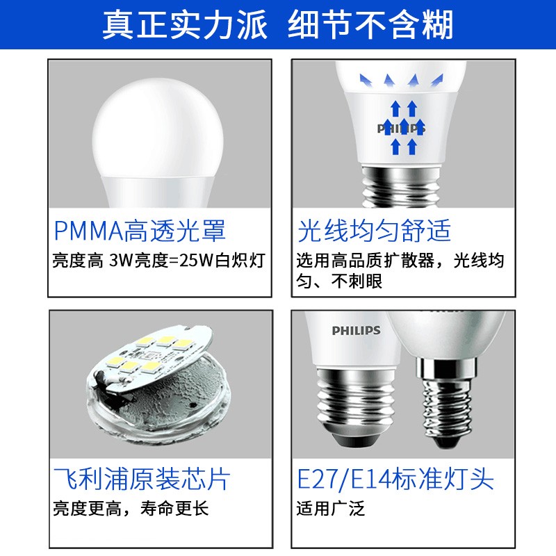 飞利浦led电灯泡E14节能灯E27螺口超亮3瓦暖光9家用白光螺丝口40w