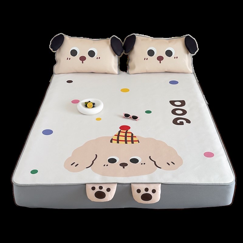 立体卡通小狗冰丝席三件套900D夏季空调软凉席子床笠款可水洗折叠