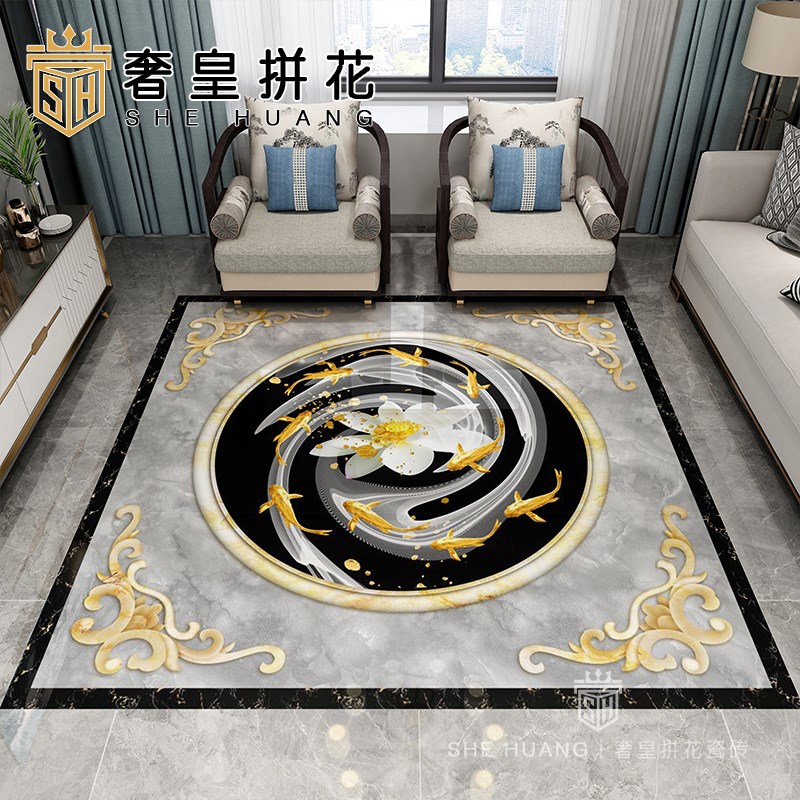 新中式客厅饭厅拼花瓷砖别墅门厅地板砖入户玄关九鱼Y图案造型地